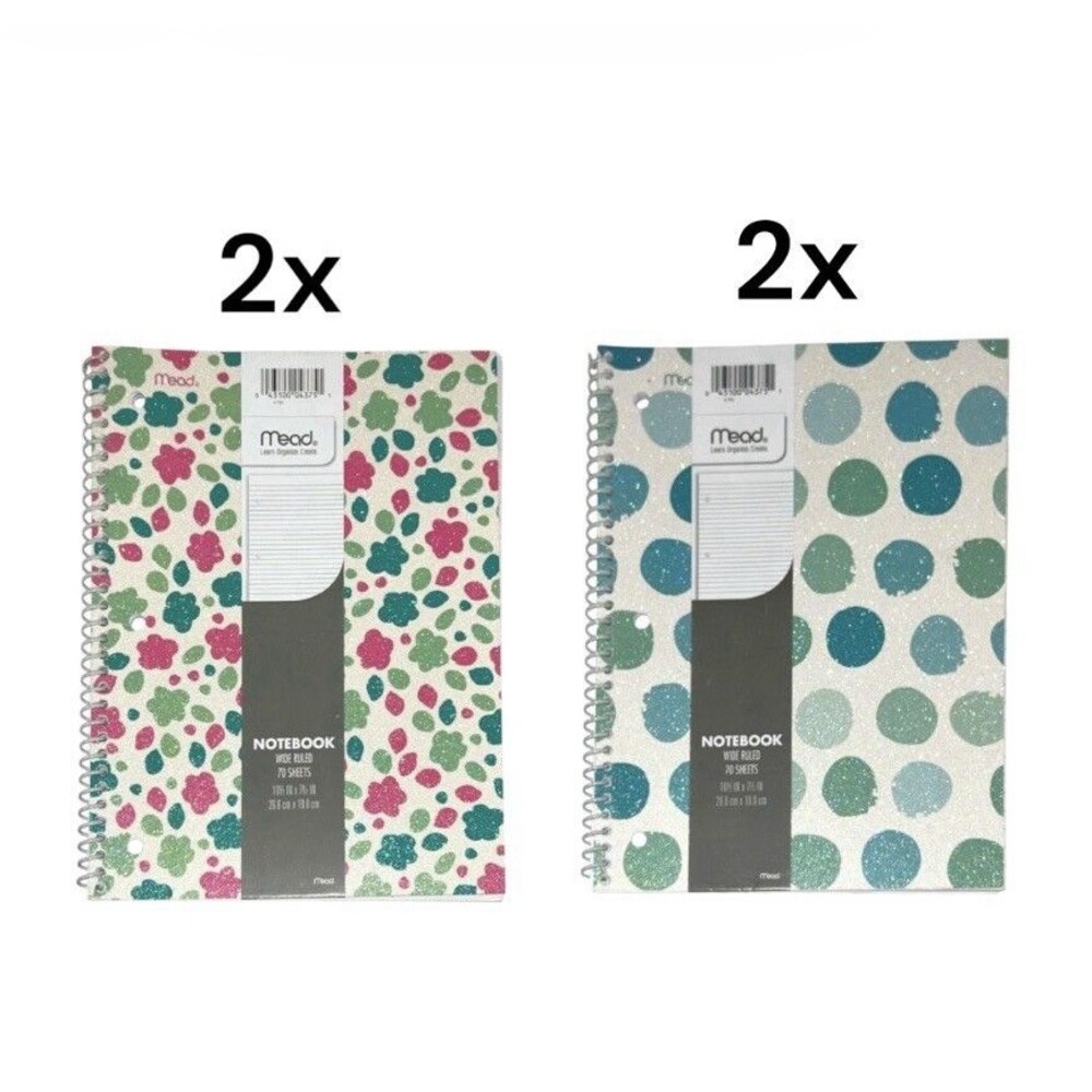 4x Mead Glitter Glam Sparkle Wide Ruled Spiral Notebook 70 Sheets Each